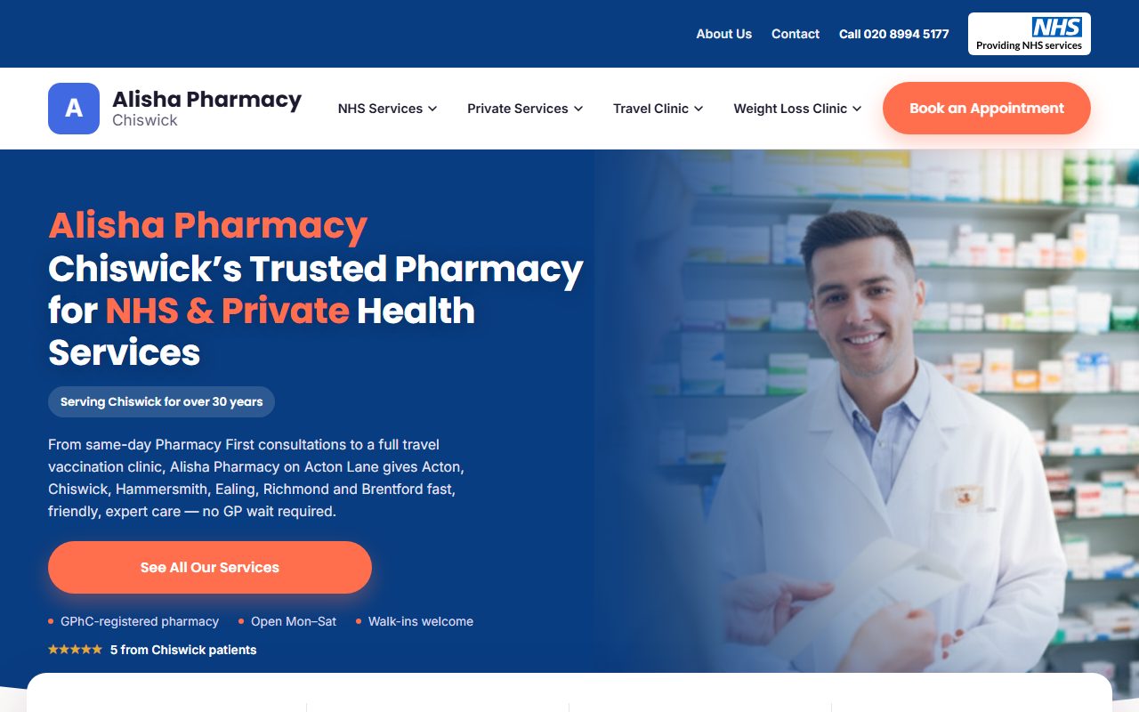 Alisha Pharmacy Chiswick website homepage built by PharmaPresence