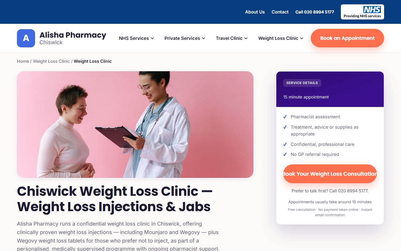 Alisha Pharmacy weight loss service page with booking button